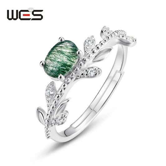 Moss Agate Square Leaf Ring, 925 Sterling Silver - view 1