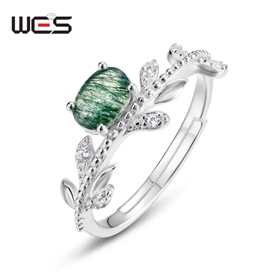 Moss Agate Square Leaf Ring, 925 Sterling Silver - view 1