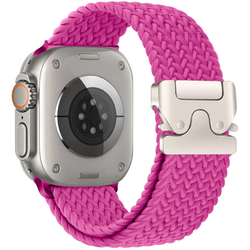 Apple Watch with a vibrant pink braided nylon parachute strap, showcasing breathable and durable design.