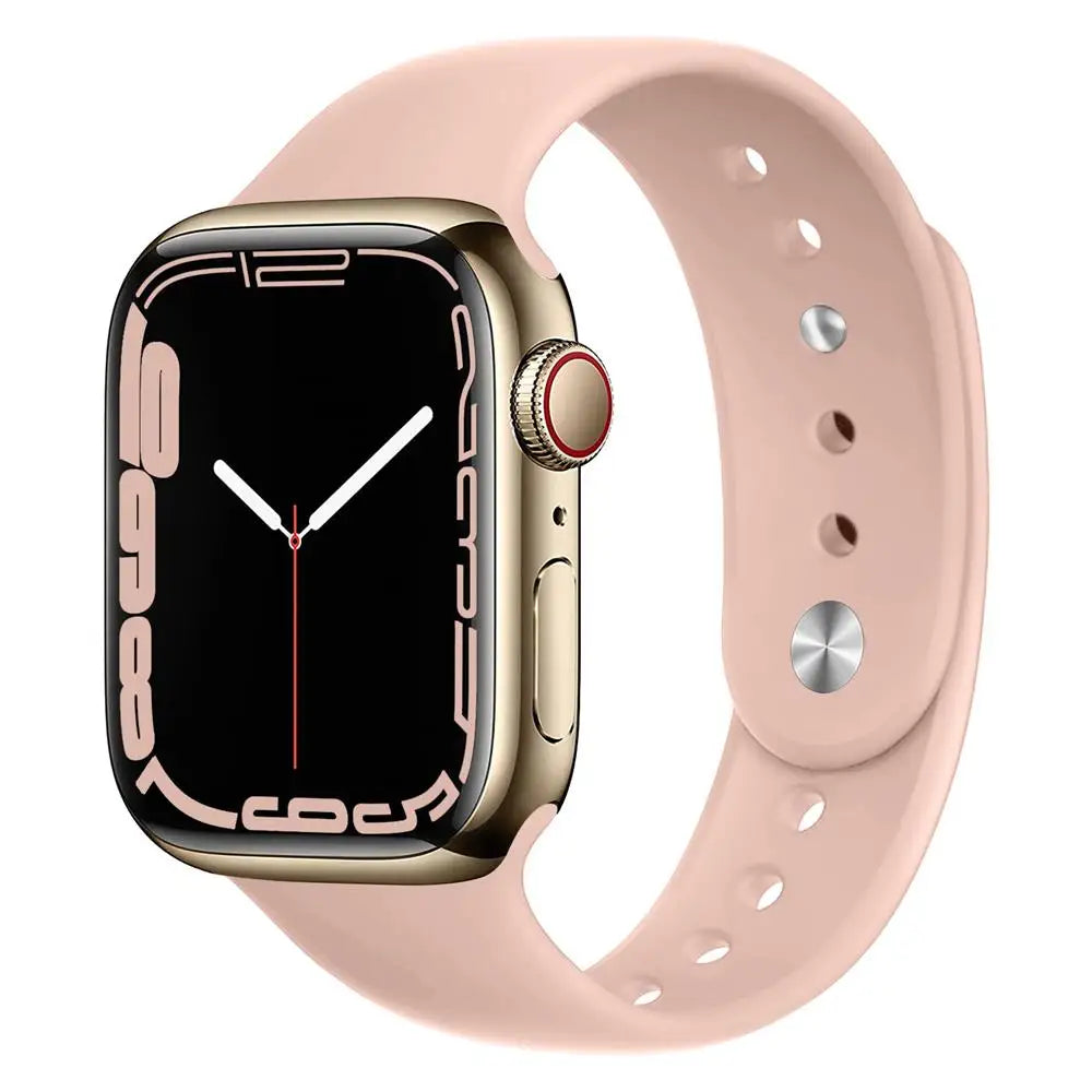 Apple Watch with soft pink silicone strap, showcasing a stylish and waterproof design for comfort and functionality.
