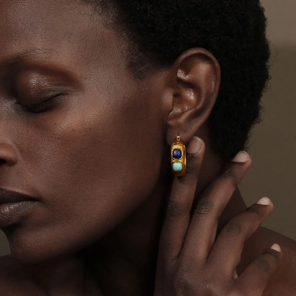 Lapis lazuli and turquoise hoop earrings, gold-tone stainless steel