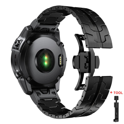 Garmin QuickFit stainless steel strap with tool for easy replacement, perfect for enhancing your Garmin smartwatch.