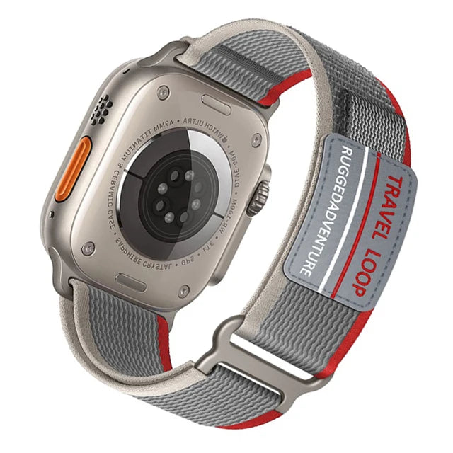 Apple Watch with Rugged Trail Loop nylon band, designed for durability and comfort during outdoor adventures.