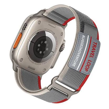 Apple Watch with Rugged Trail Loop nylon band, designed for durability and comfort during outdoor adventures.