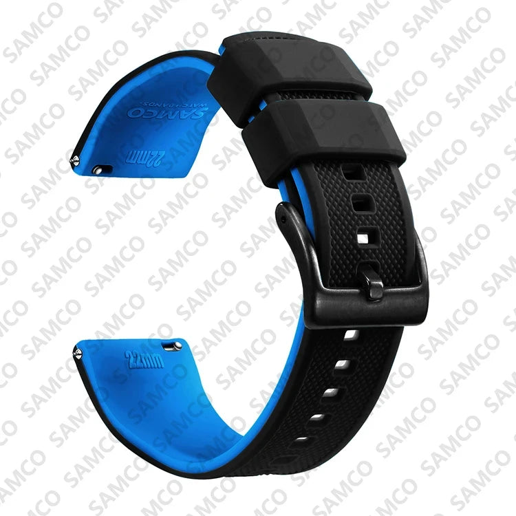 OnePlus Watch Band Quick Release Silicone Strap Sweat Resistant Black with blue accent for 22mm watches