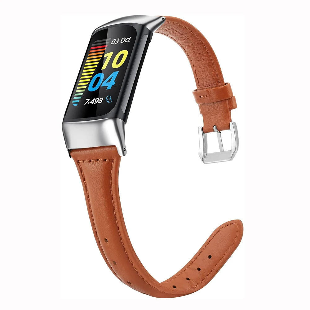 Fitbit Charge 5 with Slim Leather Band - Stylish and comfortable smartwatch strap for daily wear.