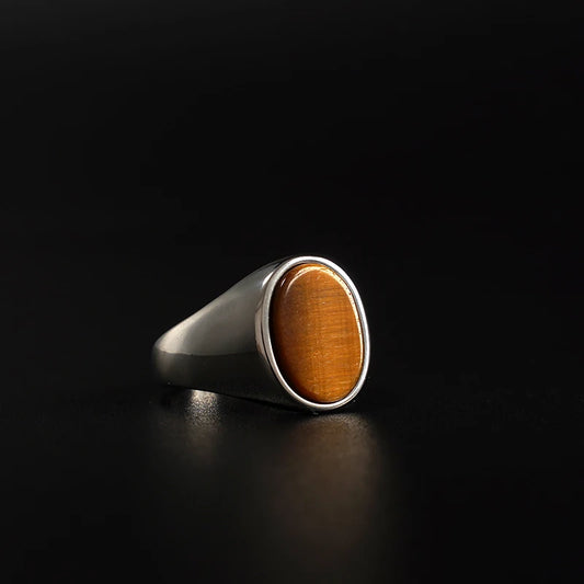 Oval golden tiger's eye ring, titanium steel