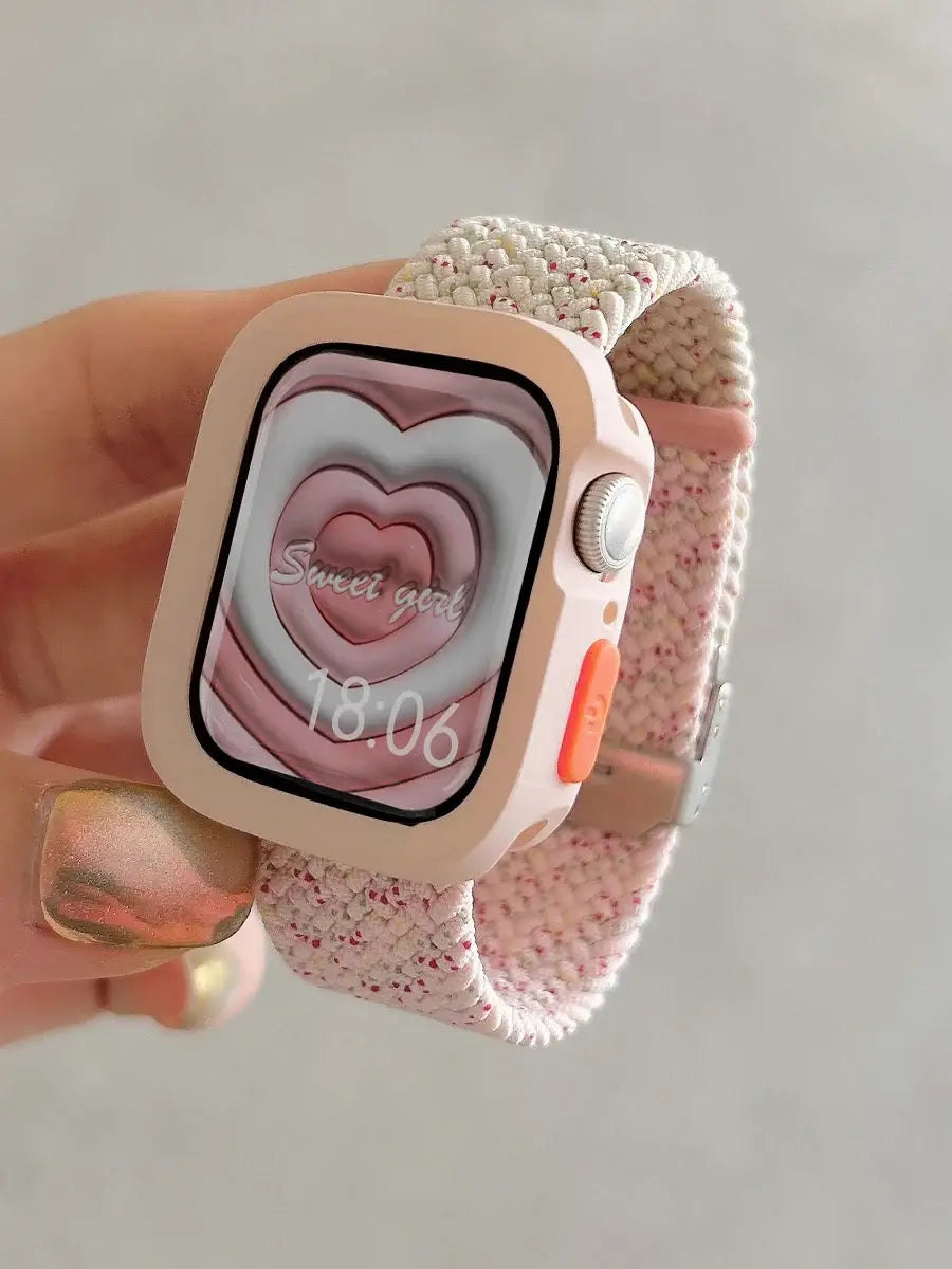 Pink Case - Speckled Pink / Beige woven nylon Apple Watch band with matching case