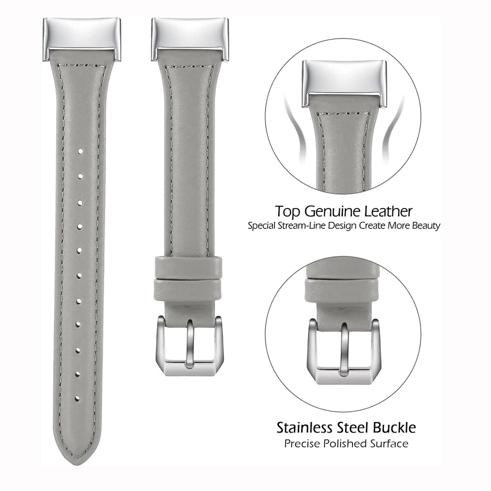 Fitbit Charge 5 Slim Leather Band in gray, featuring genuine leather and a durable stainless steel buckle for stylish comfort.