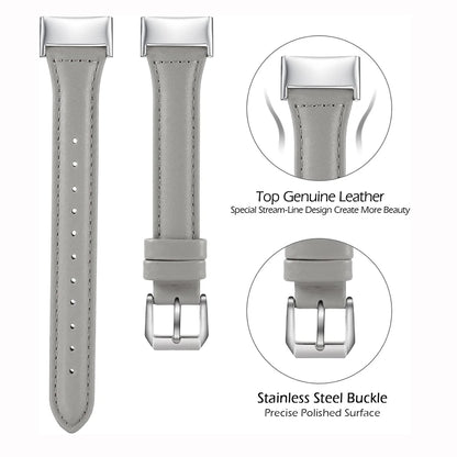 Fitbit Charge 5 Slim Leather Band in gray, featuring genuine leather and a durable stainless steel buckle for stylish comfort.