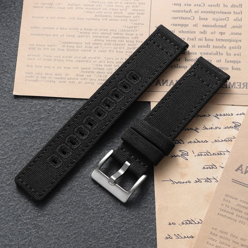 Stitched Canvas Nylon Band in Black with Silver Buckle