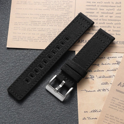 Stitched Canvas Nylon Band in Black with Silver Buckle