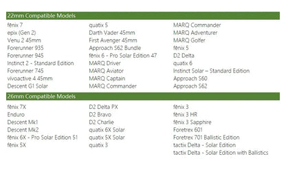 Compatibility chart for Garmin watches with 22mm and 26mm QuickFit straps including fenix and MARQ series.
