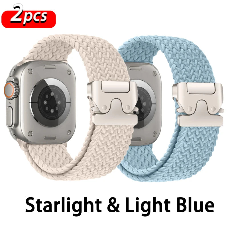 2-Pack: Ivory + Light Blue braided nylon Apple Watch band with parachute-style buckle