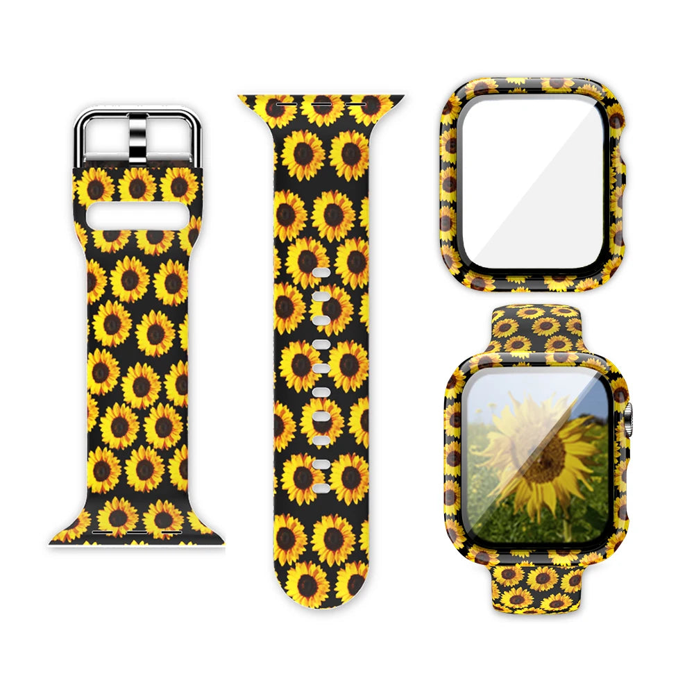 Printed Silicone Apple Watch Band - Floral & Animal Patterns in Sunflowers on Black