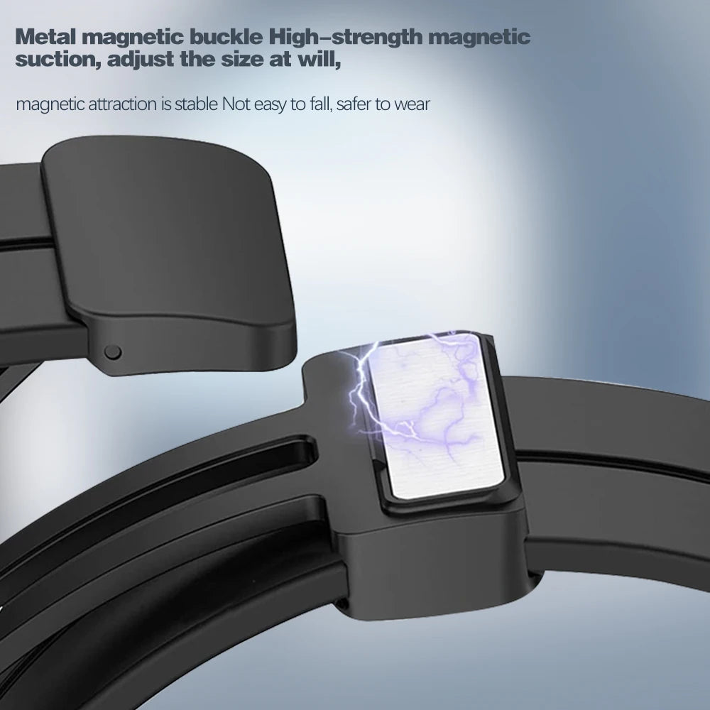 Close-up of a metal magnetic buckle with strong suction for adjustable smartwatch strap size, ensuring stability and safety.