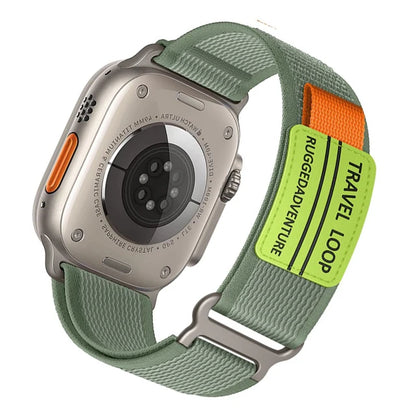Apple Watch Nylon Band Rugged Trail Loop in green, featuring durable nylon for outdoor adventures and adjustable fit.