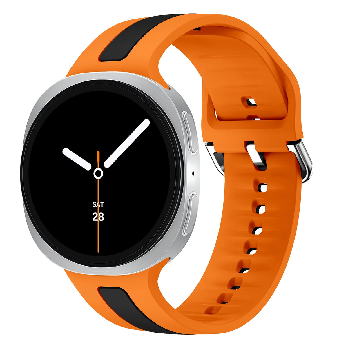 Samsung Galaxy Silicone Two-Tone Sport Watch Band - Watch8/Watch8 Classic/Watch9 in orange and black with a sleek design.