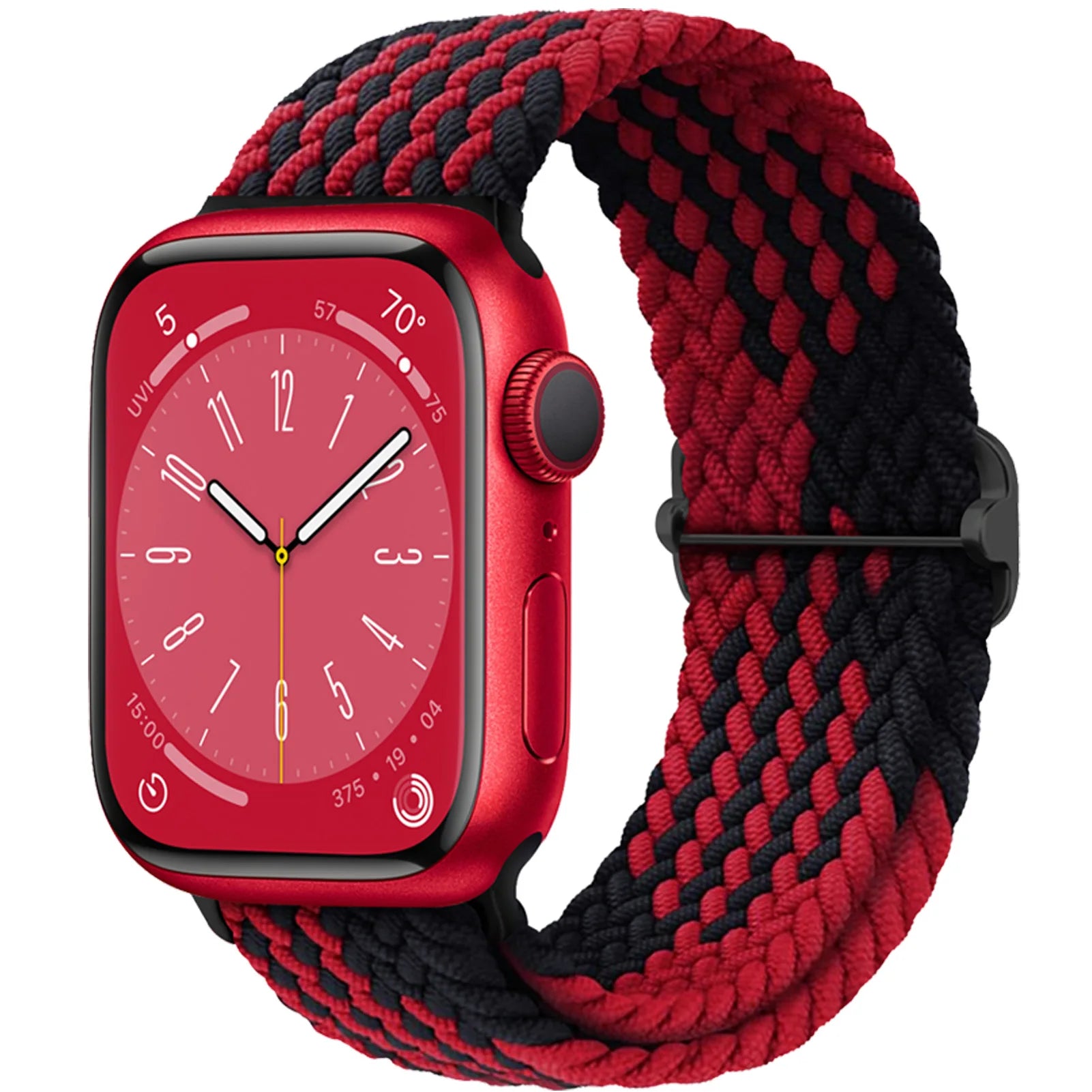 Apple Watch Braided Strap featuring a soft elastic nylon band in black and red for comfort and style.