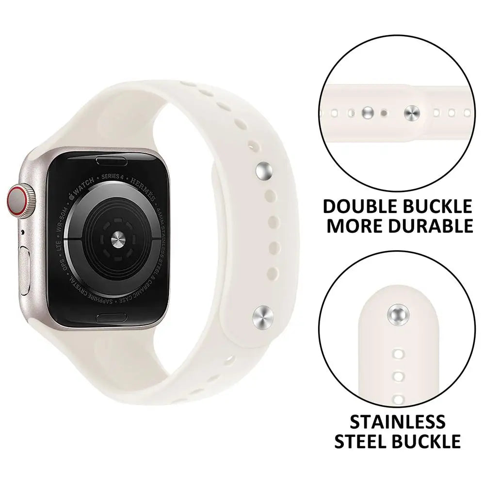 Apple Watch silicone strap with durable double buckle and stainless steel buckle for comfort and style.