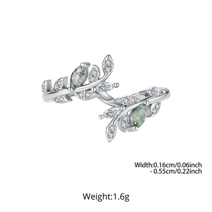 Moss Agate Leaf Open Ring, 925 Sterling Silver - view 1