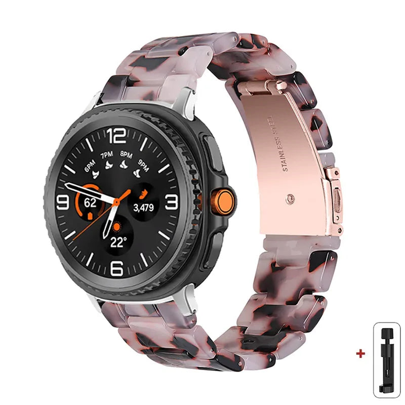 Samsung Galaxy Resin Link Watch Band - Tortoise Women Watch8/Watch8 Classic/Watch9 Ultra/Ultra2 on smartwatch, showcasing turtle stone design.