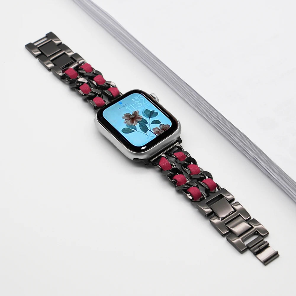 Woven-Accent Chain Apple Watch Bracelet Band in Black / Red