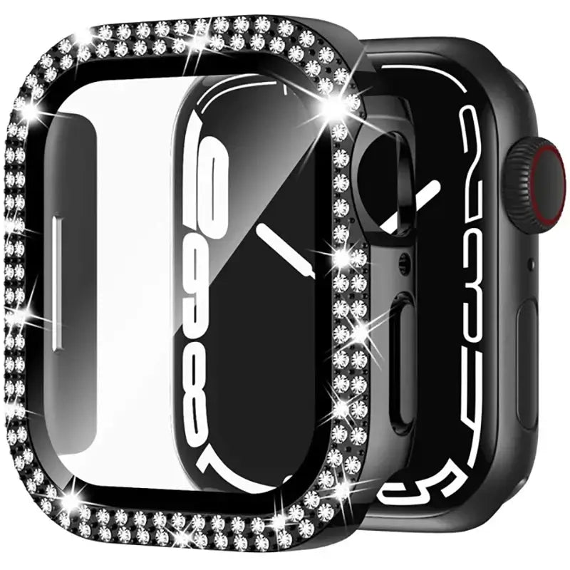 Dazzling protective cover for Apple Watch with sparkling rhinestones, merging style and durability for everyday wear.