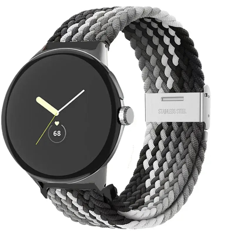 Braided Nylon Google Pixel Watch Band with Metal Clasp in Black / Gray / White Stripe