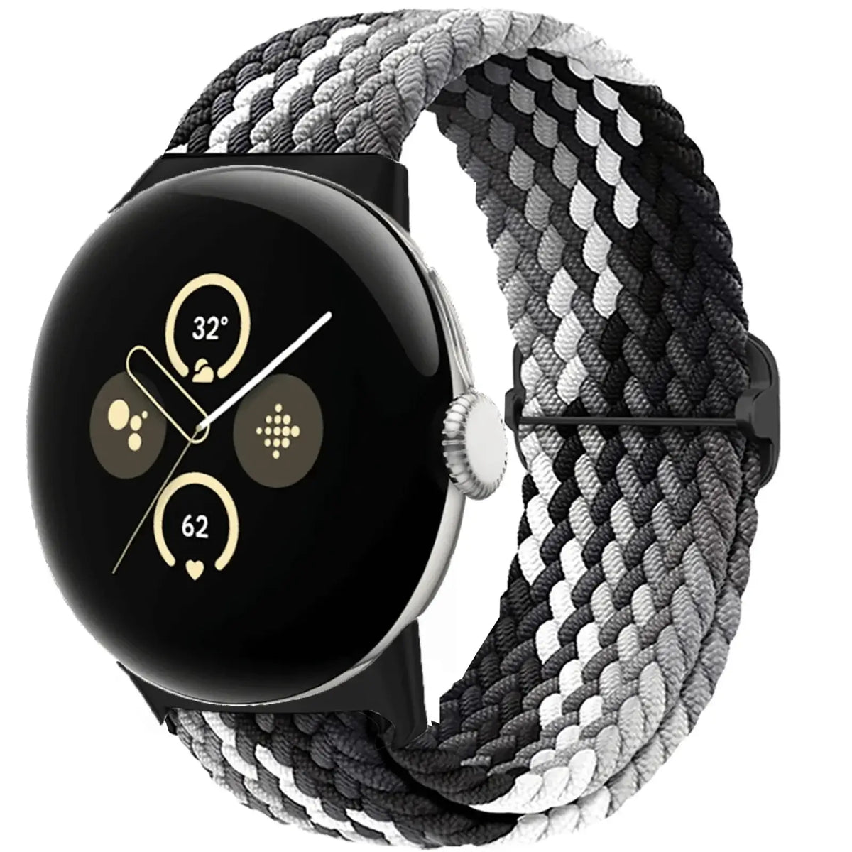 Braided Nylon Google Pixel Watch Loop with Slider in Black / Gray / White Stripe