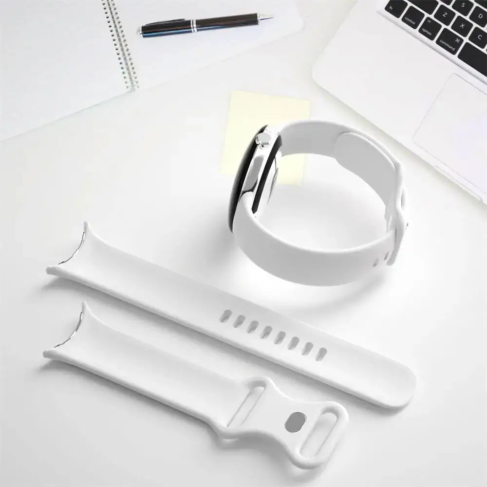 White silicone Pixel Watch strap and curved connector detail