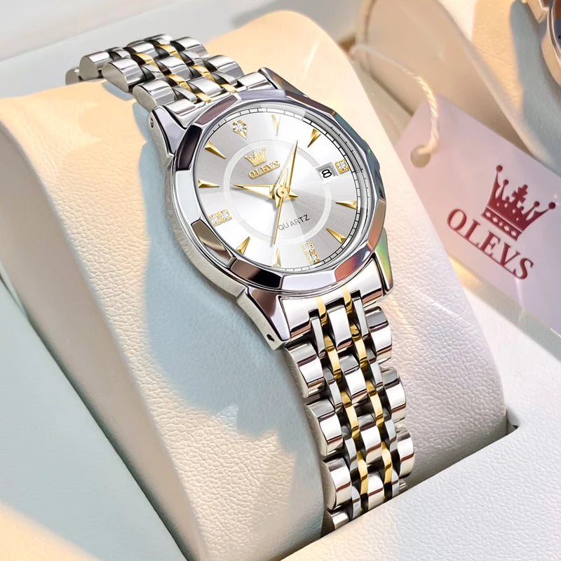 Women's Faceted Dial Quartz Bracelet Watch — Two Tone / White Dial — BandsCo Straps
