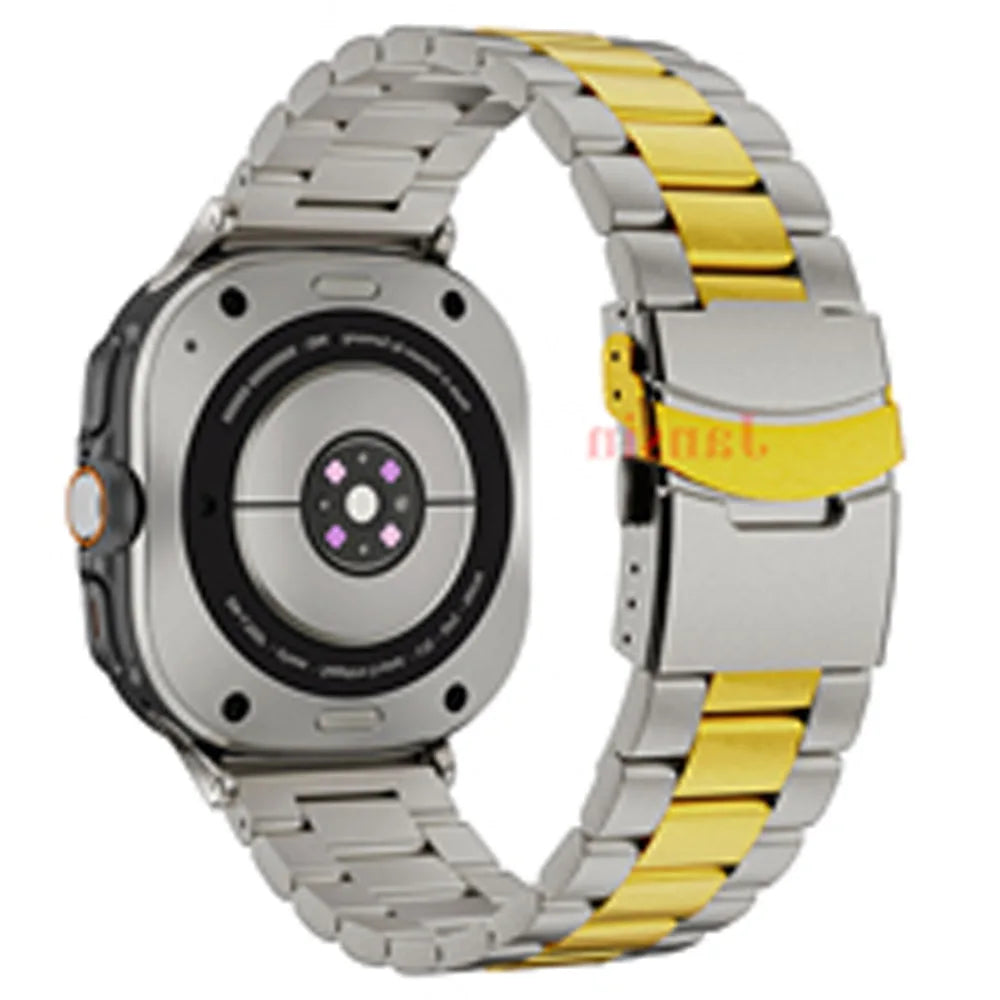 Samsung Galaxy Stainless Steel Link Watch Band - Ultra/Ultra2 in titanium gold-silver color with clasp.
