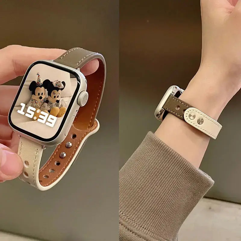 Taupe leather Apple Watch band in handheld and wrist views