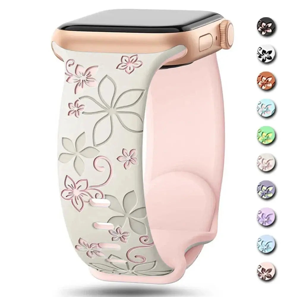 Ivory and pink floral Apple Watch band with pattern and color preview swatches
