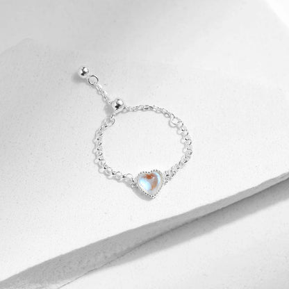 Moonstone heart chain ring, adjustable, 925 sterling silver, photo 1