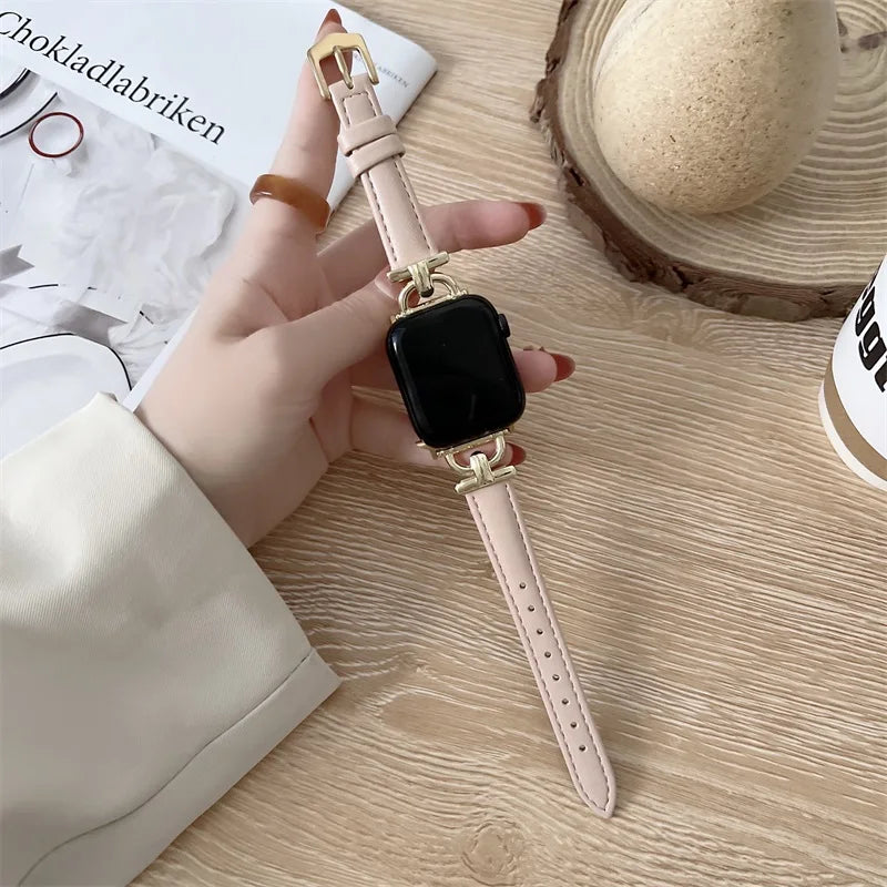 Apple Watch Genuine Leather Strap showcased on a hand, highlighting its classic design and premium quality.
