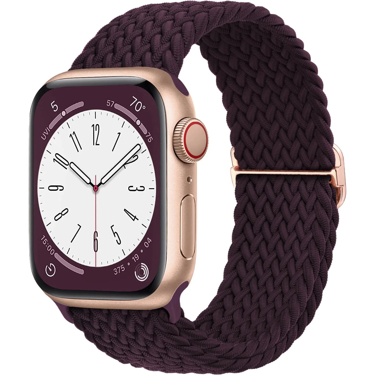 Apple Watch with braided soft elastic nylon strap in deep purple, showcasing a stylish and comfortable design for daily wear.