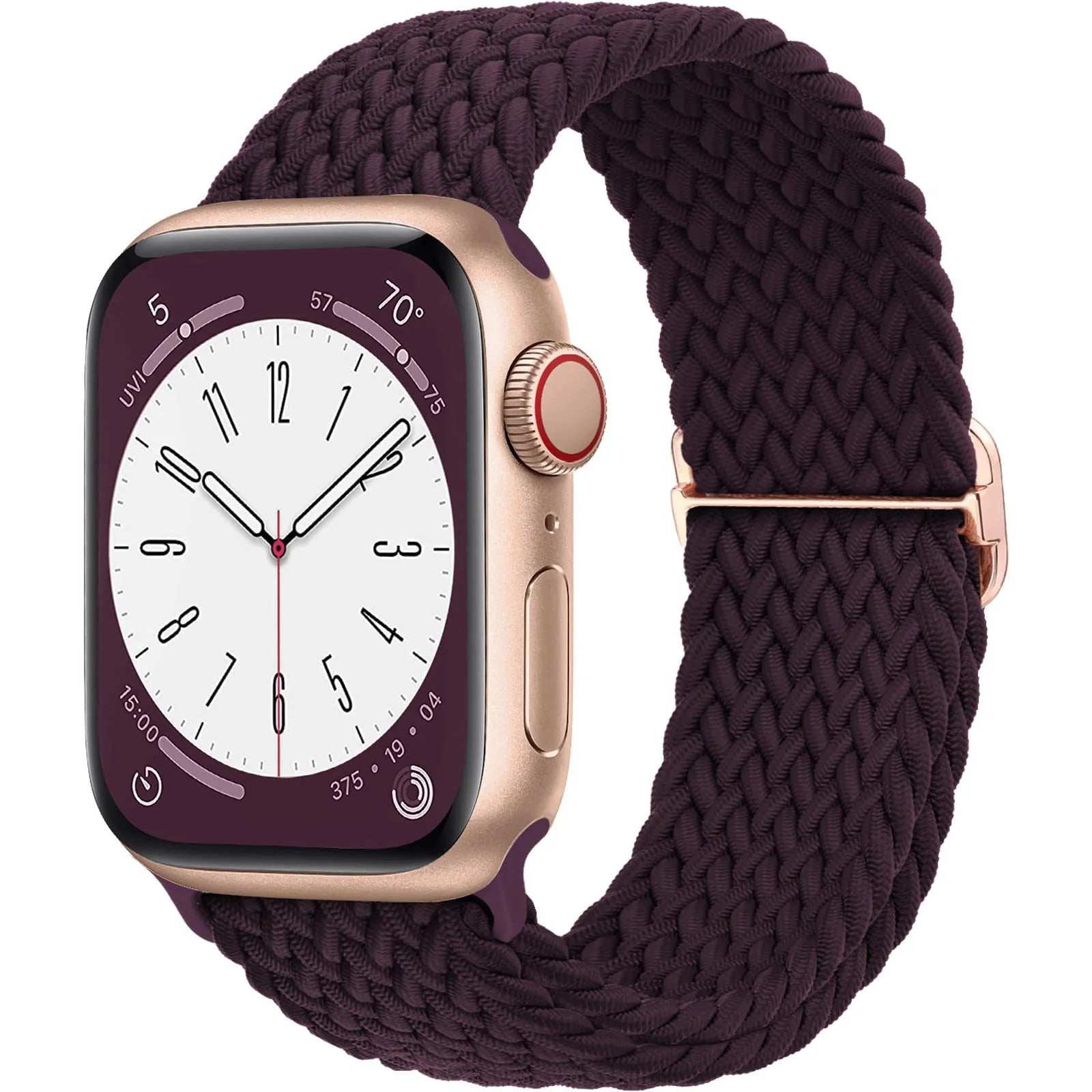 Apple Watch with braided soft elastic nylon strap in deep purple, showcasing a stylish and comfortable design for daily wear.