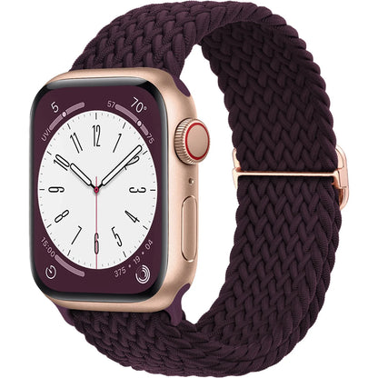Apple Watch with braided soft elastic nylon strap in deep purple, showcasing a stylish and comfortable design for daily wear.
