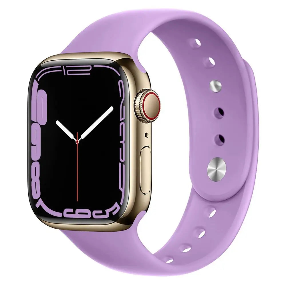Apple Watch with soft purple silicone strap showcasing a stylish and durable waterproof design.