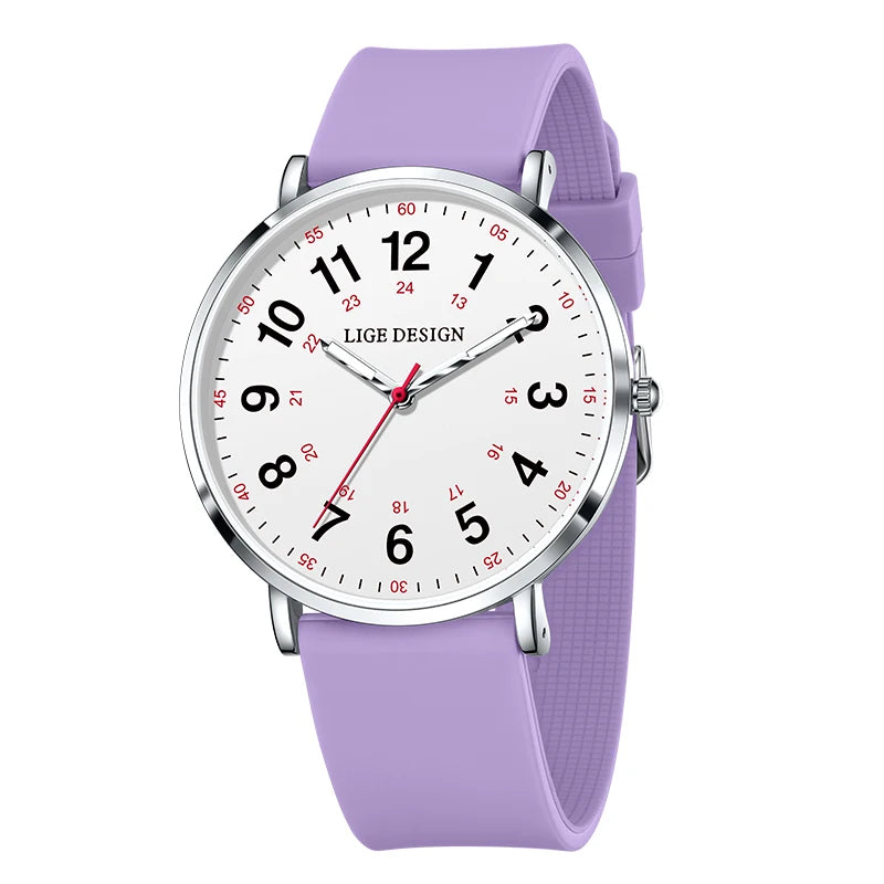 Women's Arabic Numeral Silicone Quartz Watch — Purple / Silver Tone / White Dial — BandsCo Straps