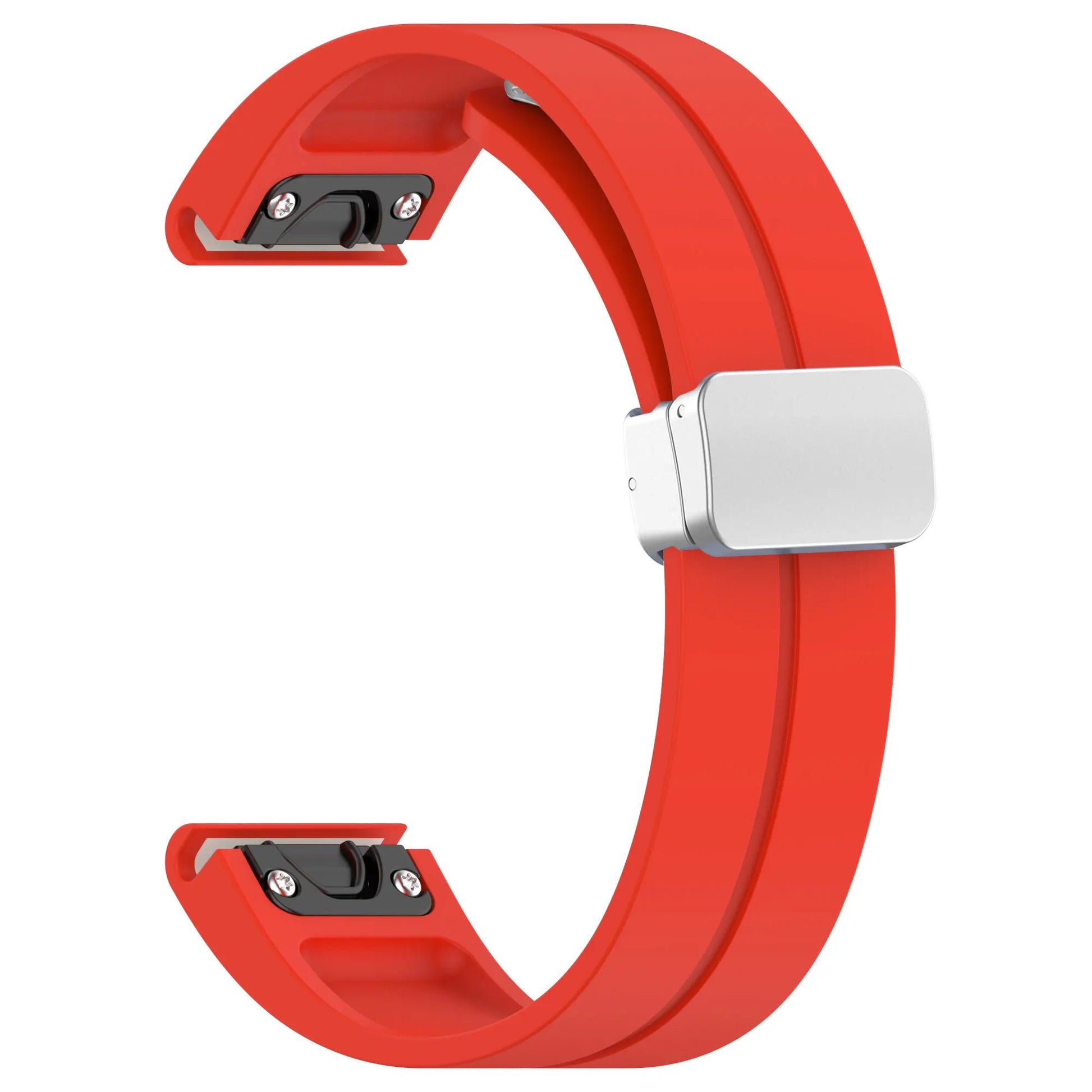 Red Garmin silicone strap for smartwatch, durable and adjustable replacement band for active lifestyles.