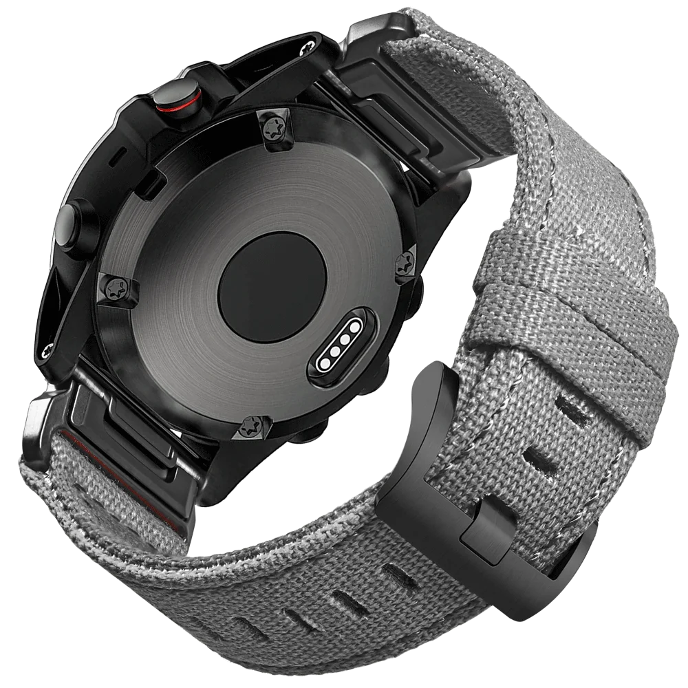 Garmin smartwatch with rugged nylon sport band, showcasing durable woven strap and secure G-hook closure.