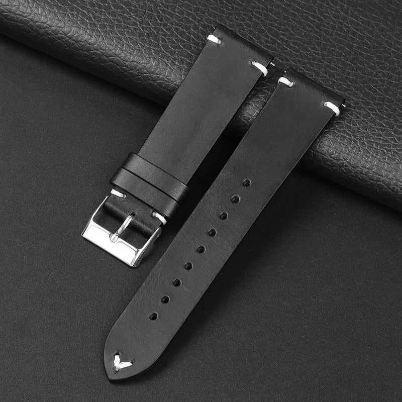 OnePlus Smartwatch Leather Band Quick Release Retro Oil Wax Wristband on a black leather background.
