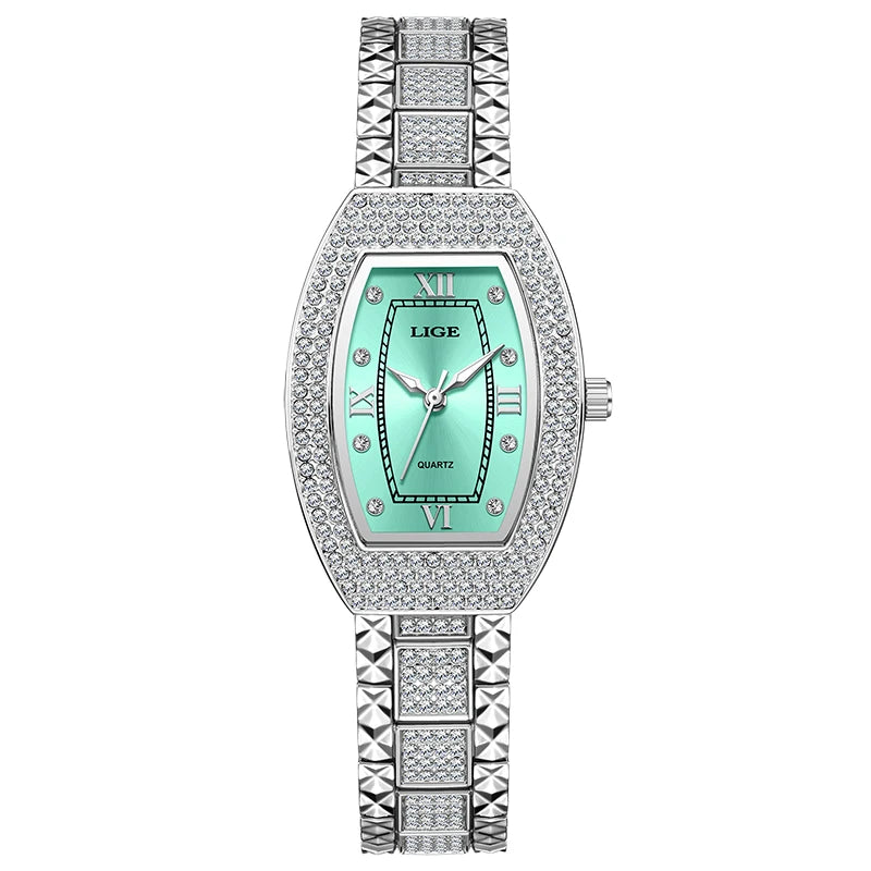Women's Crystal Tonneau Quartz Bracelet Watch — Silver Tone / Mint Green Dial