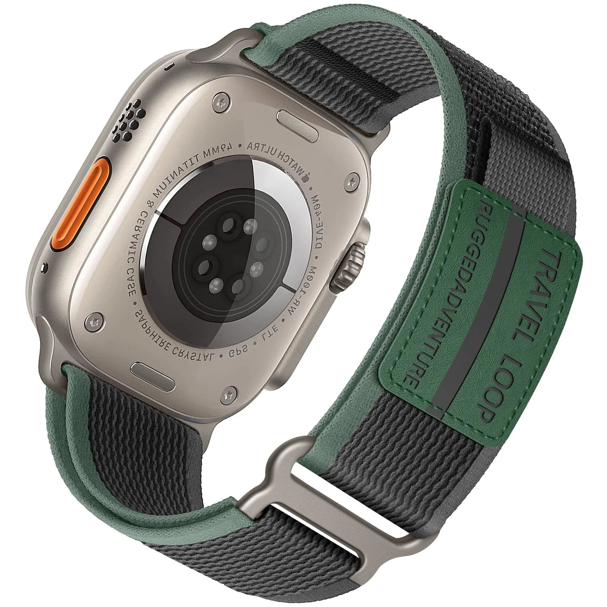 Nylon Trail-Style Apple Watch Loop with Decorative Patch in Charcoal / Green - Embossed