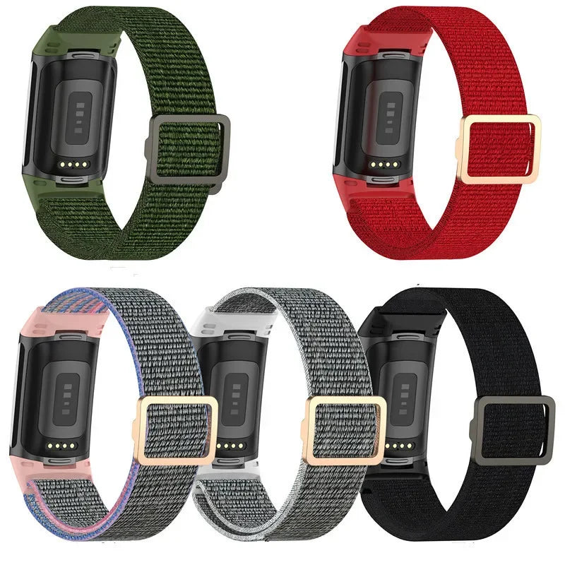 Colorful Fitbit Charge 5 elastic nylon loop bands in red, green, black, and gray for stylish smartwatch replacement.