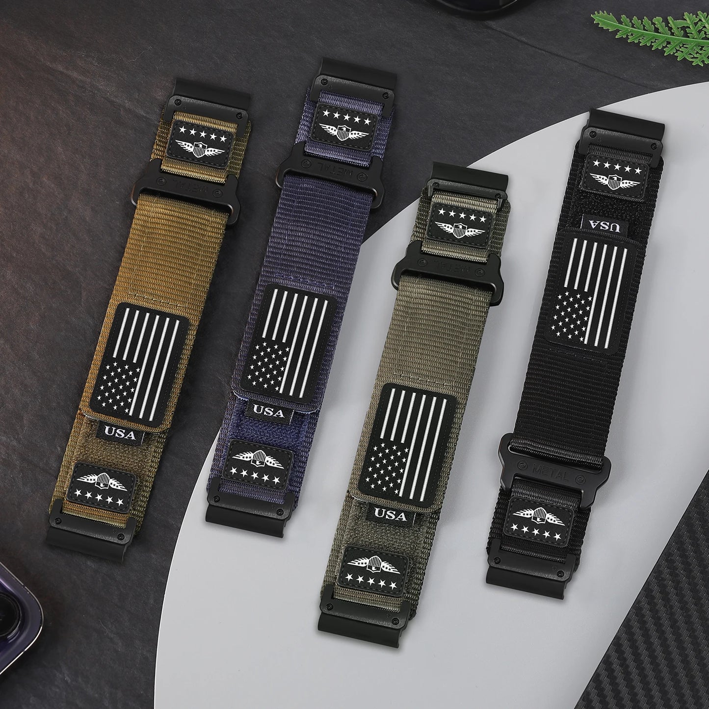 Garmin replacement straps in four colors featuring USA flag designs, ideal for active lifestyles.