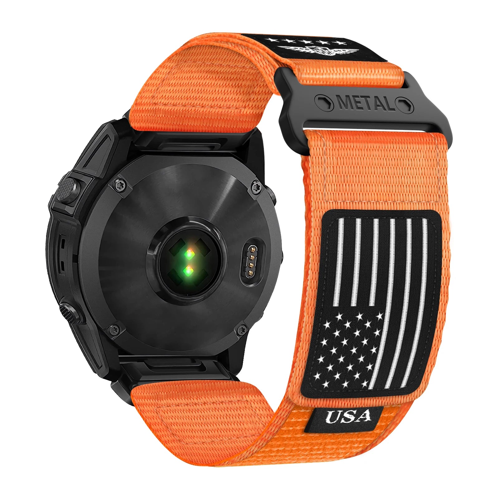 Garmin smartwatch with USA flag nylon strap in orange, featuring Metal buckle and a sporty design.